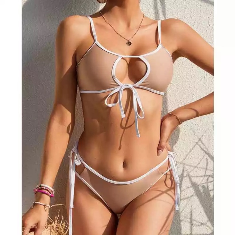 CLEARANCE Nude & White Keyhole String 2PC Bikini Swimsuit - Picture 2 of 5